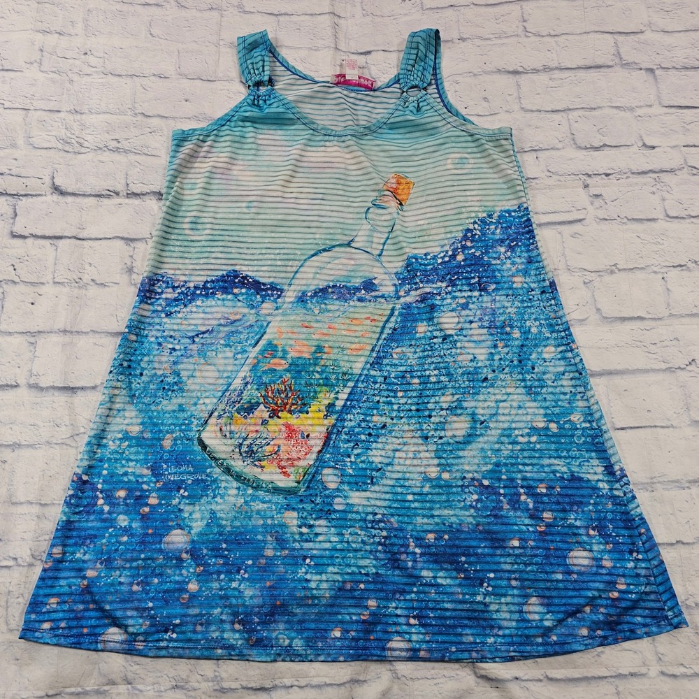 Leoma Lovegrove Tank Dress Womens Medium Blue Ocean Message In A Bottle Mesh
